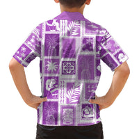 Violet patchwork Hawaiian shirt for kids, back view with gift, palm, and tiki motifs