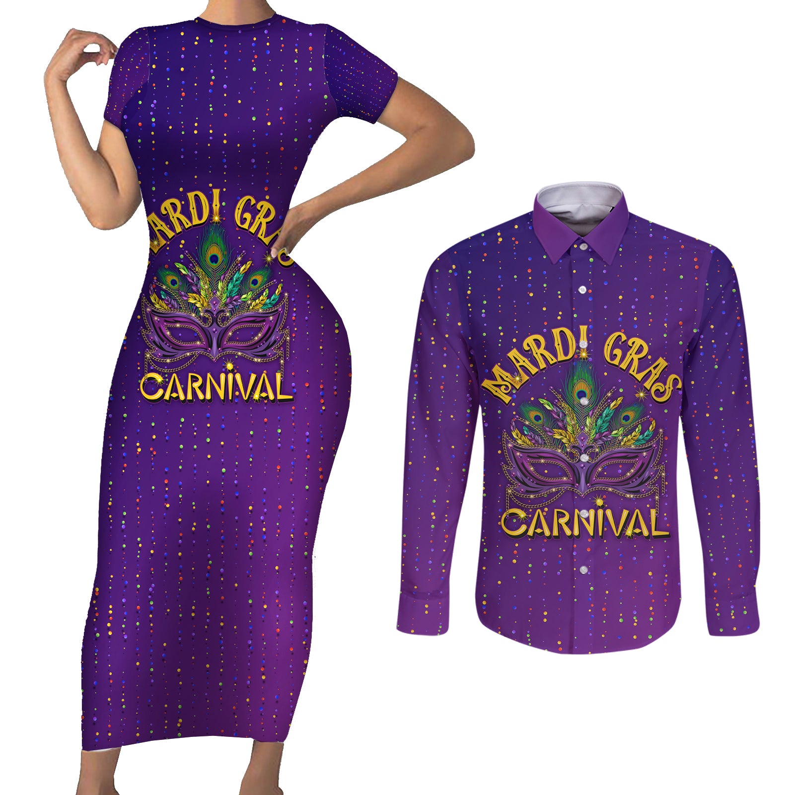 Mardi Gras Festive Confetti Couples Matching Short Sleeve Bodycon Dress and Long Sleeve Button Shirt