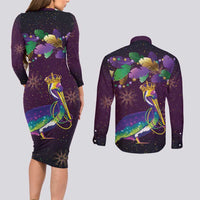 Faux Glitter Funny Mardi Gras Pelican Couples Matching Long Sleeve Bodycon Dress and Long Sleeve Button Shirt Party Vibes - Wonder Print Shop