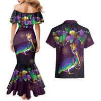 Faux Glitter Funny Mardi Gras Pelican Couples Matching Mermaid Dress and Hawaiian Shirt Party Vibes - Wonder Print Shop
