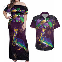 Faux Glitter Funny Mardi Gras Pelican Couples Matching Off Shoulder Maxi Dress and Hawaiian Shirt Party Vibes - Wonder Print Shop