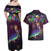 Faux Glitter Funny Mardi Gras Pelican Couples Matching Off Shoulder Maxi Dress and Hawaiian Shirt Party Vibes - Wonder Print Shop