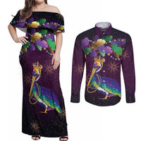 Faux Glitter Funny Mardi Gras Pelican Couples Matching Off Shoulder Maxi Dress and Long Sleeve Button Shirt Party Vibes - Wonder Print Shop