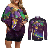Faux Glitter Funny Mardi Gras Pelican Couples Matching Off Shoulder Short Dress and Long Sleeve Button Shirt Party Vibes - Wonder Print Shop
