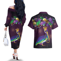 Faux Glitter Funny Mardi Gras Pelican Couples Matching Off The Shoulder Long Sleeve Dress and Hawaiian Shirt Party Vibes - Wonder Print Shop