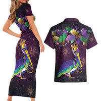 Faux Glitter Funny Mardi Gras Pelican Couples Matching Short Sleeve Bodycon Dress and Hawaiian Shirt Party Vibes - Wonder Print Shop