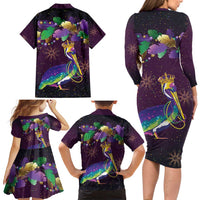 Faux Glitter Funny Mardi Gras Pelican Family Matching Long Sleeve Bodycon Dress and Hawaiian Shirt Party Vibes - Wonder Print Shop