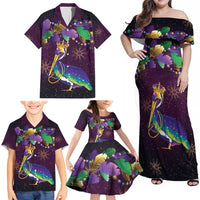 Faux Glitter Funny Mardi Gras Pelican Family Matching Off Shoulder Maxi Dress and Hawaiian Shirt Party Vibes - Wonder Print Shop