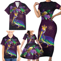 Faux Glitter Funny Mardi Gras Pelican Family Matching Short Sleeve Bodycon Dress and Hawaiian Shirt Party Vibes - Wonder Print Shop