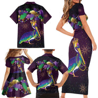 Faux Glitter Funny Mardi Gras Pelican Family Matching Short Sleeve Bodycon Dress and Hawaiian Shirt Party Vibes - Wonder Print Shop