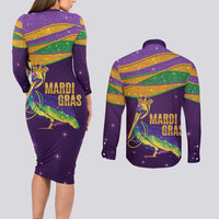 Faux Glitter Mardi Gras Pelican Couples Matching Long Sleeve Bodycon Dress and Long Sleeve Button Shirt - Wonder Print Shop