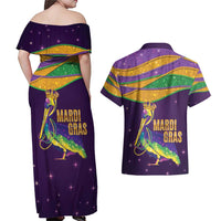 Faux Glitter Mardi Gras Pelican Couples Matching Off Shoulder Maxi Dress and Hawaiian Shirt - Wonder Print Shop