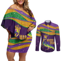 Faux Glitter Mardi Gras Pelican Couples Matching Off Shoulder Short Dress and Long Sleeve Button Shirt - Wonder Print Shop