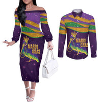 Faux Glitter Mardi Gras Pelican Couples Matching Off The Shoulder Long Sleeve Dress and Long Sleeve Button Shirt - Wonder Print Shop