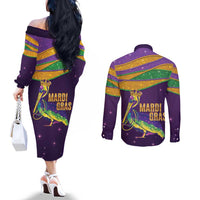 Faux Glitter Mardi Gras Pelican Couples Matching Off The Shoulder Long Sleeve Dress and Long Sleeve Button Shirt - Wonder Print Shop