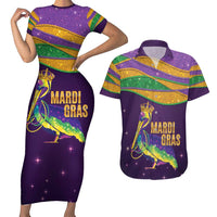 Faux Glitter Mardi Gras Pelican Couples Matching Short Sleeve Bodycon Dress and Hawaiian Shirt - Wonder Print Shop