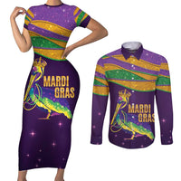 Faux Glitter Mardi Gras Pelican Couples Matching Short Sleeve Bodycon Dress and Long Sleeve Button Shirt - Wonder Print Shop