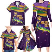 Faux Glitter Mardi Gras Pelican Family Matching Long Sleeve Bodycon Dress and Hawaiian Shirt - Wonder Print Shop