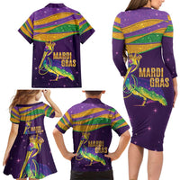 Faux Glitter Mardi Gras Pelican Family Matching Long Sleeve Bodycon Dress and Hawaiian Shirt - Wonder Print Shop