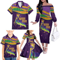 Faux Glitter Mardi Gras Pelican Family Matching Off The Shoulder Long Sleeve Dress and Hawaiian Shirt - Wonder Print Shop