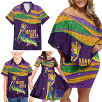 Faux Glitter Mardi Gras Pelican Family Matching Off Shoulder Short Dress and Hawaiian Shirt - Wonder Print Shop