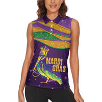 Faux Glitter Mardi Gras Pelican Women Sleeveless Polo Shirt - Wonder Print Shop