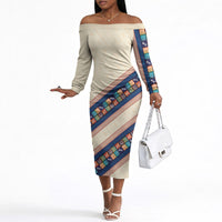 Zimbabwe Heritage Off The Shoulder Long Sleeve Dress Screen Print Animals Motif