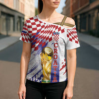 Croatia Football Custom WC2026 White Cross Shoulder Shirt Hrvatska Grunge Checkerboard - Wonder Print Shop