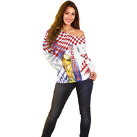 Croatia Football Custom WC2026 White Off Shoulder Sweater Hrvatska Grunge Checkerboard - Wonder Print Shop