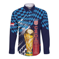 Croatia Football Custom WC2026 Blue Long Sleeve Button Shirt Hrvatska Grunge Checkerboard - Wonder Print Shop