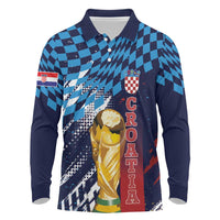 Croatia Football Custom WC2026 Blue Long Sleeve Polo Shirt Hrvatska Grunge Checkerboard - Wonder Print Shop