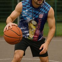 Croatia Football Custom WC2026 Blue Sleeveless Hoodie Hrvatska Grunge Checkerboard - Wonder Print Shop