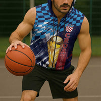 Croatia Football Custom WC2026 Blue Sleeveless Zip Hoodie Hrvatska Grunge Checkerboard - Wonder Print Shop