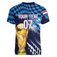 Croatia Football Custom WC2026 Blue Women V-Neck T-Shirt Hrvatska Grunge Checkerboard - Wonder Print Shop