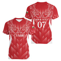 Wales Rugby Personalised Women V-Neck T-Shirt Heraldic Dragon Basic Red - Wonder Print Shop