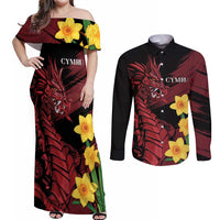 Wales Cymru Am Byth Couples Matching Off Shoulder Maxi Dress and Long Sleeve Button Shirt Dragon & Daffodil
