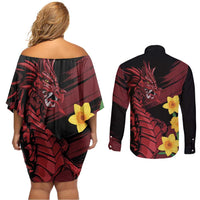 Wales Cymru Am Byth Couples Matching Off Shoulder Short Dress and Long Sleeve Button Shirt Dragon & Daffodil
