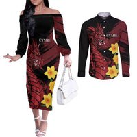 Wales Cymru Am Byth Couples Matching Off The Shoulder Long Sleeve Dress and Long Sleeve Button Shirt Dragon & Daffodil
