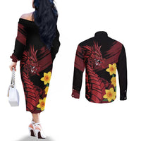 Wales Cymru Am Byth Couples Matching Off The Shoulder Long Sleeve Dress and Long Sleeve Button Shirt Dragon & Daffodil