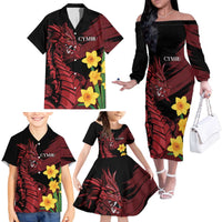 Wales Cymru Am Byth Family Matching Off The Shoulder Long Sleeve Dress and Hawaiian Shirt Dragon & Daffodil