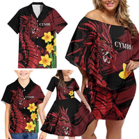Wales Cymru Am Byth Family Matching Off Shoulder Short Dress and Hawaiian Shirt Dragon & Daffodil LT7 - Wonder Print Shop