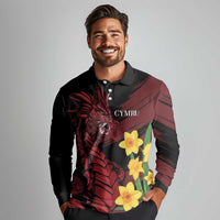 Wales Cymru Am Byth Long Sleeve Polo Shirt Dragon & Daffodil - Wonder Print Shop