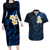 Hawaii Couples Long Sleeve Bodycon Dress and Hawaiian Shirt Niihau Islands Polynesian Sunset Plumeria Blue Vibe LT9 - Wonder Print Shop
