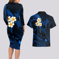 Hawaii Couples Long Sleeve Bodycon Dress and Hawaiian Shirt Niihau Islands Polynesian Sunset Plumeria Blue Vibe LT9 - Wonder Print Shop