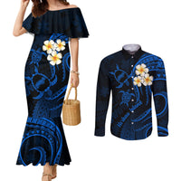 hawaii-couples-mermaid-dress-and-long-sleeve-button-shirts-niihau-islands-polynesian-sunset-plumeria-blue-vibe