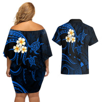 Hawaii Couples Off Shoulder Short Dress and Hawaiian Shirt Niihau Islands Polynesian Sunset Plumeria Blue Vibe LT9 - Wonder Print Shop