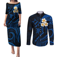 Hawaii Couples Puletasi Dress and Long Sleeve Button Shirts Niihau Islands Polynesian Sunset Plumeria Blue Vibe LT9 - Wonder Print Shop