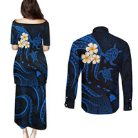 Hawaii Couples Puletasi Dress and Long Sleeve Button Shirts Niihau Islands Polynesian Sunset Plumeria Blue Vibe LT9 - Wonder Print Shop