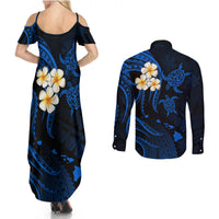 Hawaii Couples Summer Maxi Dress and Long Sleeve Button Shirts Niihau Islands Polynesian Sunset Plumeria Blue Vibe LT9 - Wonder Print Shop