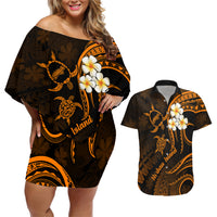 Hawaii Couples Off Shoulder Short Dress and Hawaiian Shirt Niihau Islands Polynesian Sunset Plumeria Gold Vibe LT9 - Wonder Print Shop